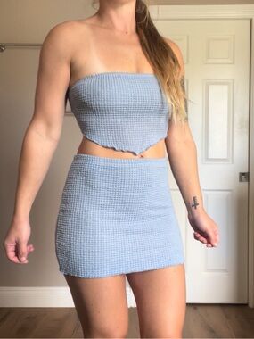 SHEIN Light Blue Waffle Knit Mini Skirt and Bandana Top Two Piece Bodycon